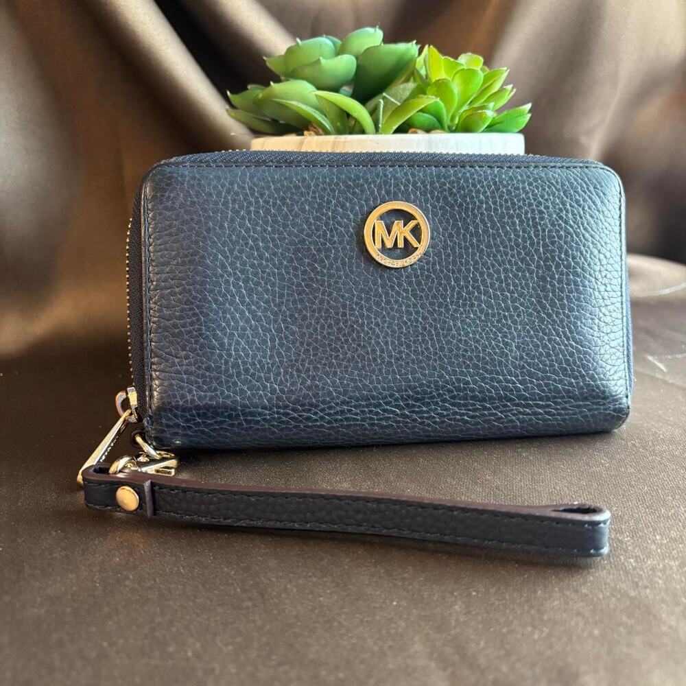 Michael Kors Navy Blue Leather Wristlet Wallet with Gold Logo
